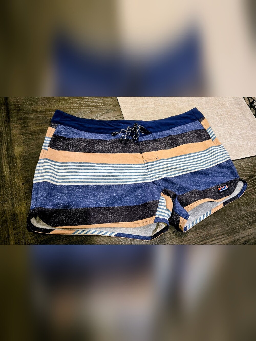 Womens Striped Swim Shorts in Blue and Tan